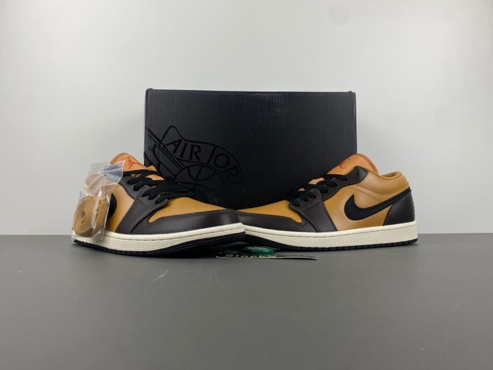 Air Jordan 1 Low. Brown/Black low-top style.