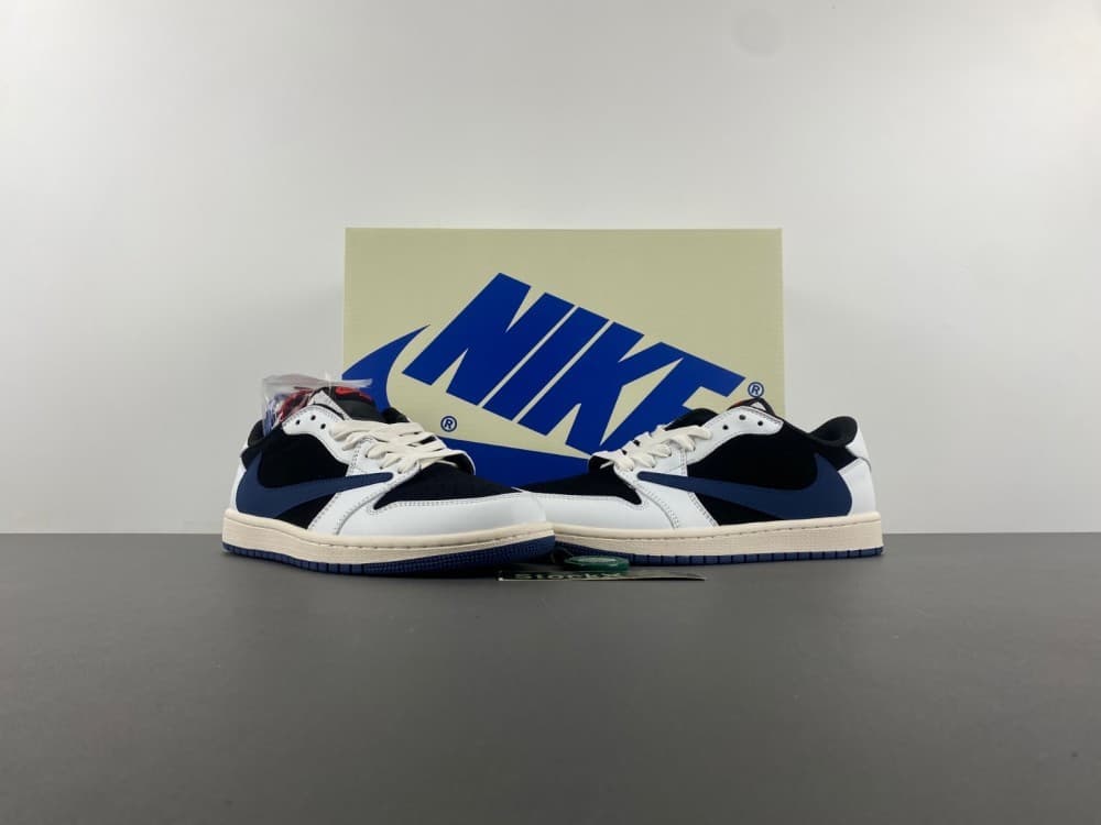 Travis Scott x Air Jordan White/Black/Dark Blue Metallic Metallic Metallic Metallic Low Top with Swoosh.