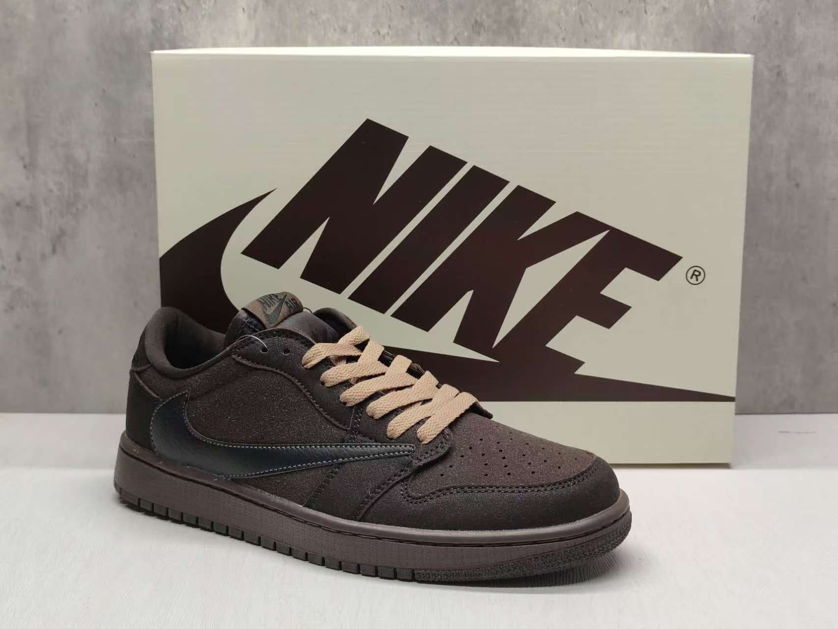 Air Jordan 1 in dark brown with a Swoosh.