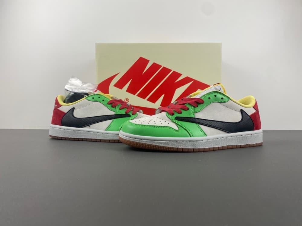 Travis Scott x Air Jordan White/Green/Black/Yellow Swoosh Low Top.