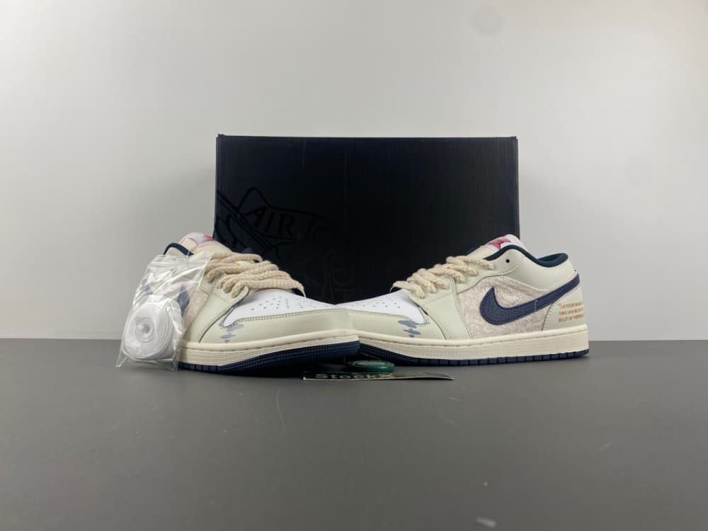 Air Jordan 1 Low. White/Rice/Yellow/Dark Blue.