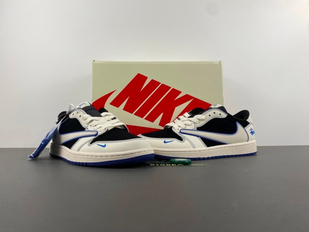 Genuine 6 x Stussy Air Jordan 1 Low Triple Collaboration, Black/White/Blue Lines, Swoosh Low-Top.